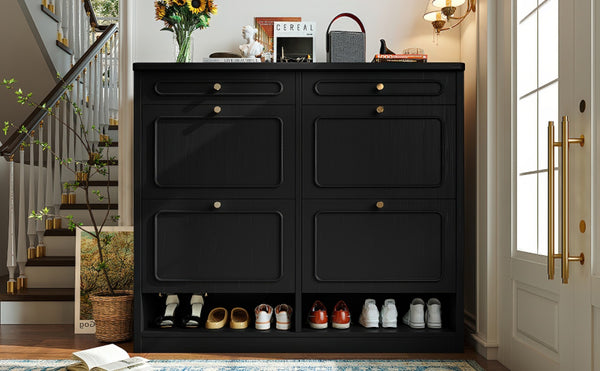 English Elm Wooden Farmhouse Entryway Shoe Cabinet with Six Drawers for Organized Hallway Storage Black W1580P402824