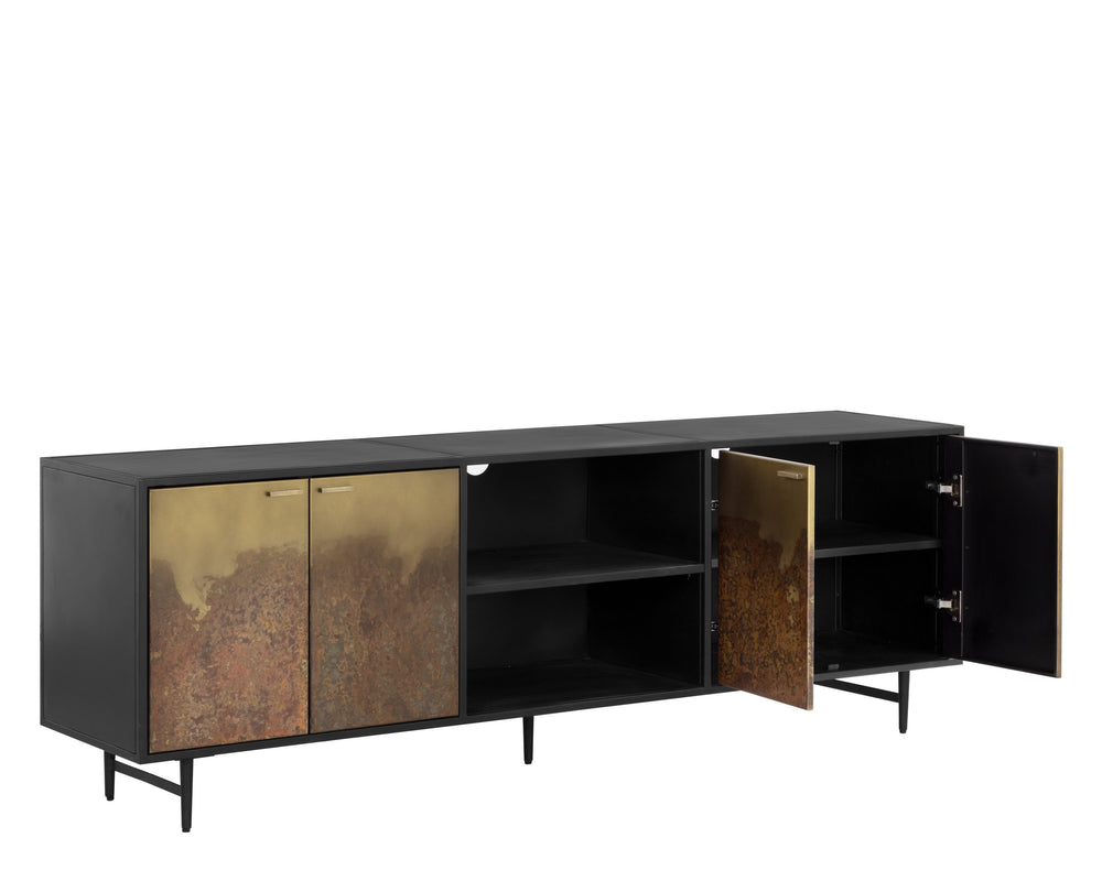 Sunpan Auburn Media Console Cabinet - Exotic Vibrance with Antique Brass Ombre Finish & Black Metal Frame
