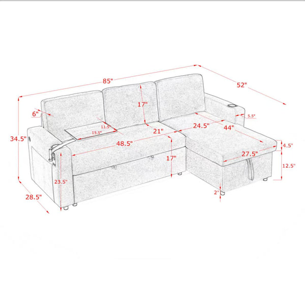 English Elm Modern Chenille Pull-Out Bed Sofa With Led Lights, Usb Ports, Cup Holders & Retractable Table, Black W1413S00098
