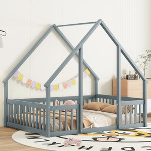 English Elm Full House-Shaped Floor Bed with Fence and Guardrails, Pine Wood Play Loft for Imaginative Kids Retreat Grey W504P143293
