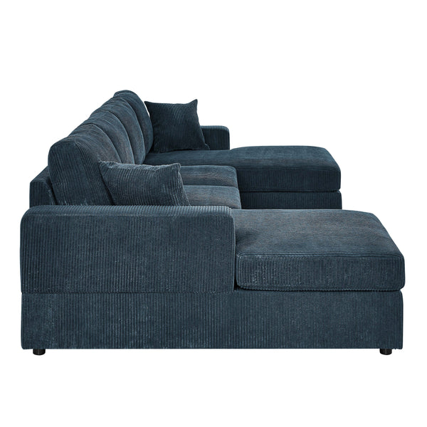 English Elm 3 Corduroy Double-Chaise Sectional Sofa with Removable Covers, Foam Cushions & Minimalist Design Blue B343S00009
