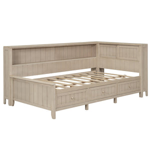 English Elm Twin Wood Daybed with 3 Drawers & Open Shelves, Antique White Milk Finish — Storage, Classic Charm, Twin Size Craftsmanship GX002213AAK