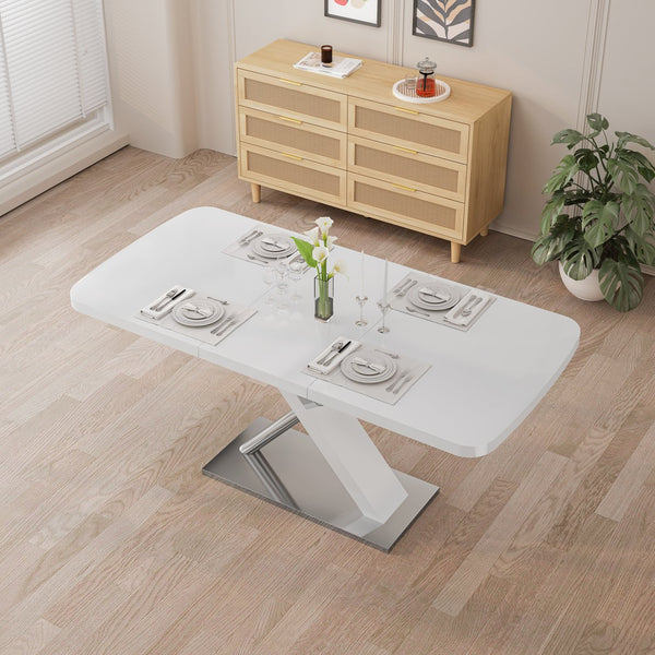 English Elm 47.25''-63'' Extendable White Gloss Dining Table for 4-6, High-Gloss MDF Top, Crossed Metal Base, 220lb Capacity W757P270706