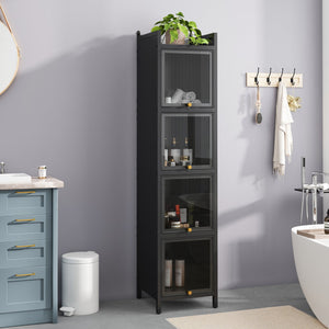 English Elm Modern Four-tier Glass Door Cabinet with Slim Iron Frame, Five Shelves, Heavy-Duty 33lb Capacity Black W757P241562