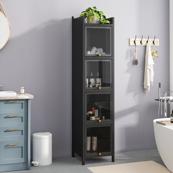 English Elm Modern Four-tier Glass Door Cabinet with Slim Iron Frame, Five Shelves, Heavy-Duty 33lb Capacity Black W757P241562
