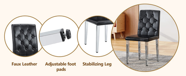 English Elm 4-pack black PU dining chairs with ergonomic buckle backrest, high-density sponge seats, sleek silver legs — low-key luxury, easy-assemble comfort W1512P410684