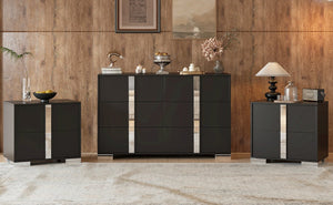 English Elm 3-Pieces Mirrored 6-Drawer Dresser and Two Nightstands with Sleek Metal Legs for Modern Living Black 54.25 L x 20.75 W x 8.5 H N733S307938B