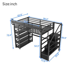 English Elm Full Metal Loft Bed with Stair Storage Rgb Lighting and Charging Station for Teens Black W2580S00074