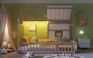 English Elm Twin House Frame Floor Bed Pinewood Build with Led Roofline Kids Bedroom Cream,White W697P435884