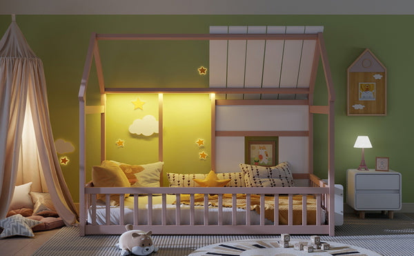 English Elm Twin House Frame Floor Bed Pinewood Build with Led Roofline Kids Bedroom Cream,White W697P435884