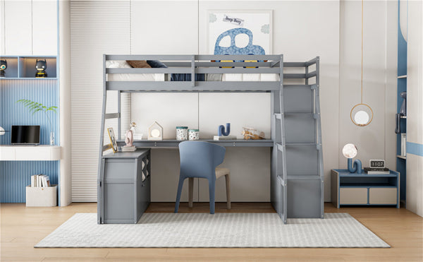 English Elm Full Size Kids Loft Bed with Integrated Desk Seven Drawers and Open Shelving Gray LT000649AAE-3