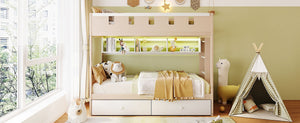 English Elm Twin Castle Bunk Bed with Led Lighting Built-in Shelf and Storage Drawers for Kids White LT000158AAK