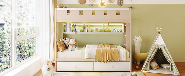 English Elm Twin Castle Bunk Bed with Led Lighting Built-in Shelf and Storage Drawers for Kids White LT000158AAK