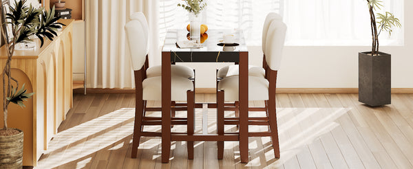 English Elm 5-Piece Counter Height Dining Set with Faux Marble Top and Upholstered Seats, Mid-Century Pub Charm Black+Beige N752S000086D