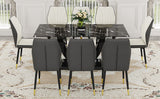 English Elm Black Marble Pattern Tempered Glass Dining Set - 71"X35.4" With 8 White and Dark Gray Spliced Pu Chairs With A Widened Backrest Design.