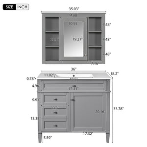 English Elm 36'' Modern Bathroom Vanity With Medicine Cabinet, Soft-Close Doors, 4 Drawers & Ceramic Sink Set SW000134AAE-1