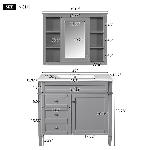 English Elm 36'' Modern Bathroom Vanity With Medicine Cabinet, Soft-Close Doors, 4 Drawers & Ceramic Sink Set SW000134AAE-1