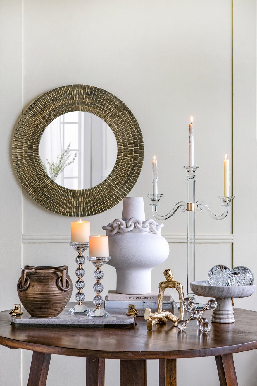 English Elm D29.5" Sculptural Round Gold & Black Woven-Texture Wooden Accent Mirror — Elegant Wall Focal Piece, 33" Diameter W2078P404502