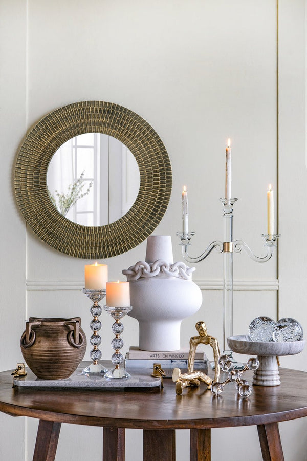 English Elm D29.5" Sculptural Round Gold & Black Woven-Texture Wooden Accent Mirror — Elegant Wall Focal Piece, 33" Diameter W2078P404502