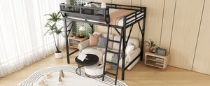 English Elm Queen Size Metal Loft Bed with Ladder and Built-In Storage Shelves, Sturdy High Bed for Teens 99" Black W2580P379983