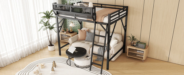 English Elm Queen Size Metal Loft Bed with Ladder and Built-In Storage Shelves, Sturdy High Bed for Teens 99" Black W2580P379983
