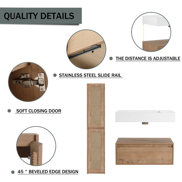 English Elm 30 Inch Wall-Mounted Bathroom Vanity With Resin Sink & Soft Close Drawers - Modern Storage Solution W999S00354