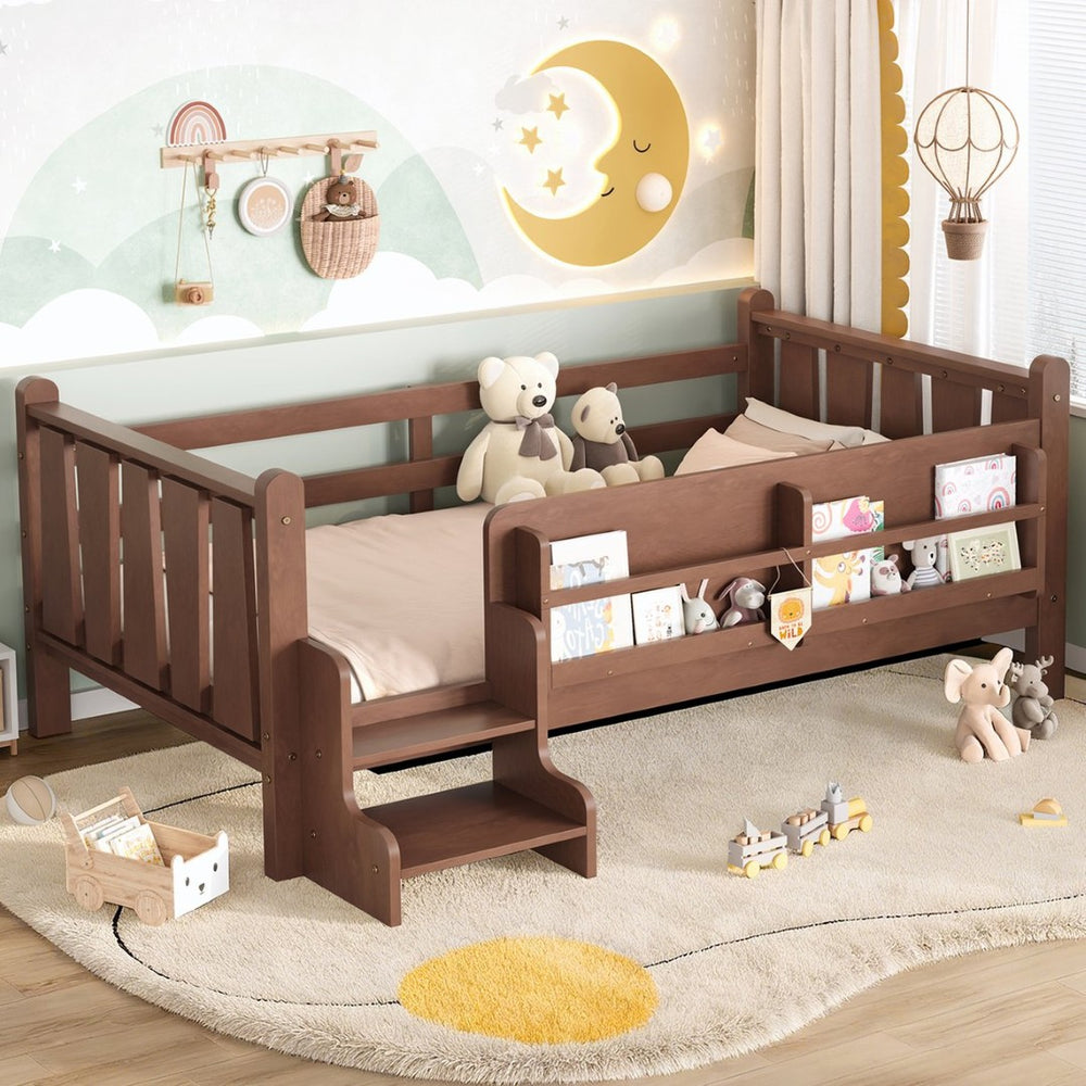 English Elm Twin Pine Floor Bed for Kids with Side Bookcases Built-in Stairs and Safety Guardrails Natural W1580P390215