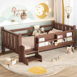 English Elm Twin Pine Floor Bed for Kids with Side Bookcases Built-in Stairs and Safety Guardrails Natural W1580P390215