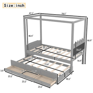 English Elm Full Bunk Bed with Trundle Bookshelf Storage Pine Frame Car Design for Kids W1580S00316