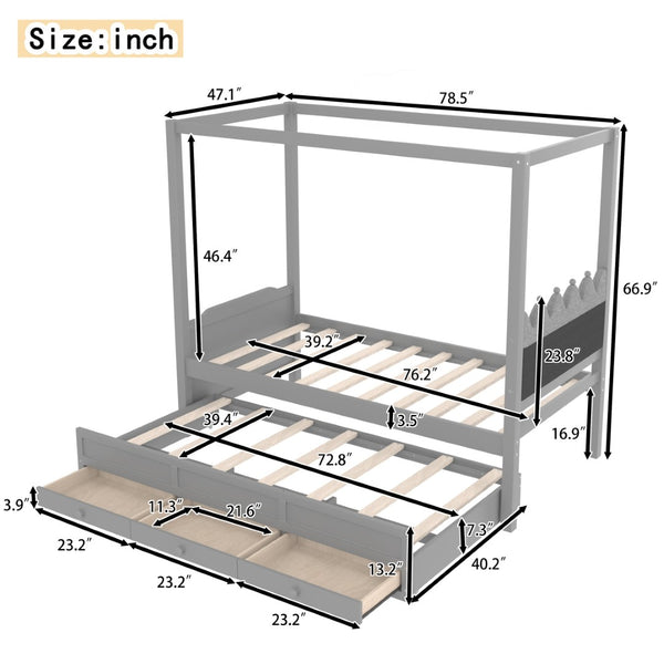 English Elm Full Bunk Bed with Trundle Bookshelf Storage Pine Frame Car Design for Kids W1580S00316