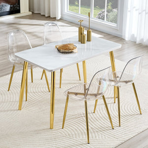 English Elm Table and Chair Set Marble Glass Top Gold Legs Four Seat Dining for Small Spaces Transparent,White+Gold W1151S04638