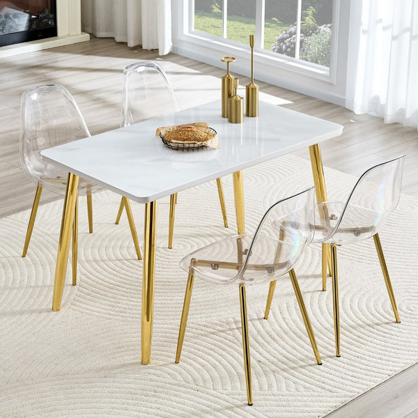 English Elm Table and Chair Set Marble Glass Top Gold Legs Four Seat Dining for Small Spaces Transparent,White+Gold W1151S04638
