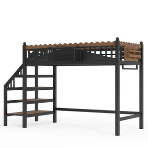 English Elm Twin Xl Metal Loft Bed with Stair Storage Shelves Sturdy Steel Frame for Dorms W1580S00377