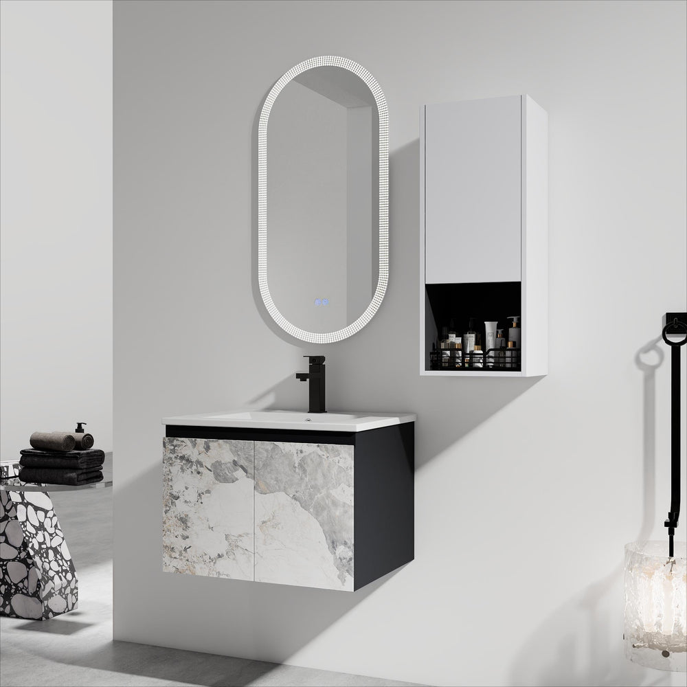 English Elm 24" Wall-Mounted Bathroom Vanity Set With Soft Close Doors, Ceramic Sink, And Side Cabinet Storage W999S00330