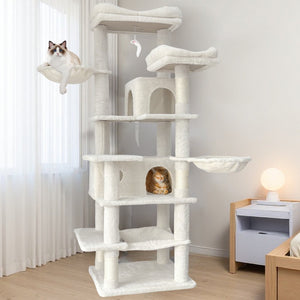 English Elm 68in Tall Six Level Plush Cat Tower with Sisal Posts Hammock Cave and Washable Perches Beige W243P326780
