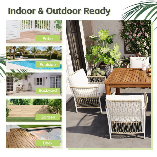 English Elm Topmax Outdoor Acacia Wood Dining Set with Wicker Arm Chairs for Patio Garden SP100032AAN