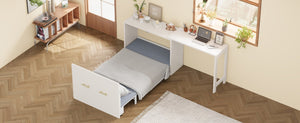 English Elm Twin Size Murphy Chest Bed With Foldable Cushion & Adjustable Desk - Space-Saving White Dresser Unit N733P272603W-GIGA