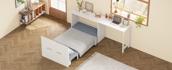 English Elm Twin Size Murphy Chest Bed With Foldable Cushion & Adjustable Desk - Space-Saving White Dresser Unit N733P272603W-GIGA