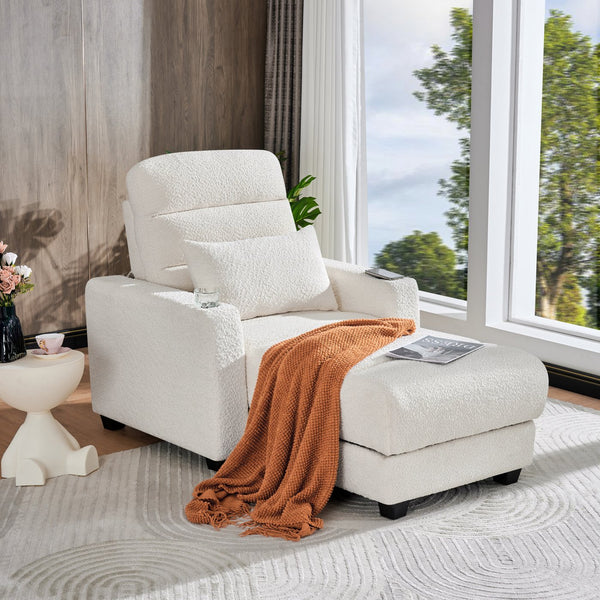 English Elm Electric Lounge Chair with Adjustable Backrest, Lambswool Upholstery, Wireless Charger & Cup Holder Beige W2817P255562