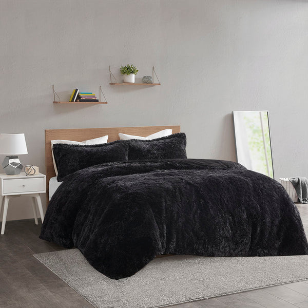 JLA Home Intelligent Design - Shaggy Faux Fur Duvet Cover Set for Ultimate Cozy Luxury — Plush Reverse, Hidden Zipper, Corner Ties Black ID12-2041