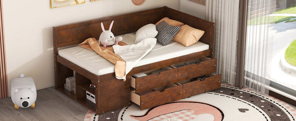 English Elm Twin Daybed with Two Pull Out Drawers and Open Shelves for Small Bedroom Storage Walnut LP102022AAD