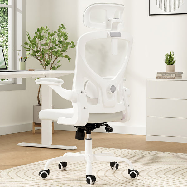 English Elm Ergonomic Office chair with adjustable headrest and lumbar support, breathable mesh, space-saving design White T3623P368571