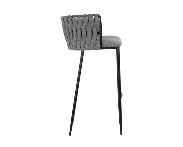 Sunpan Sarai Contemporary Barstool with Unique Weaved Backrest and Black Powder-Coated Steel Frame Belfast Koala Grey