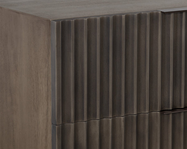 Sunpan Carlin Nightstand - Bold Mango Wood Design with Sculpted Drawers and Modern Aluminum Handles Taupe