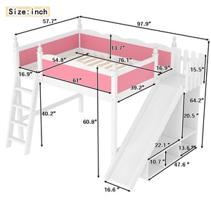 English Elm Full Loft Bed With Detachable Slide, Storage Shelves, And Cabinet In Pink & White – Fun & Functional! W1580S00245