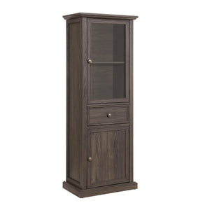 English Elm Modern Glass Storage Cabinet with Drawer & Shelves — Tall Curio Sideboard for Living, Dining, Office Elegance Brown W1758P294626