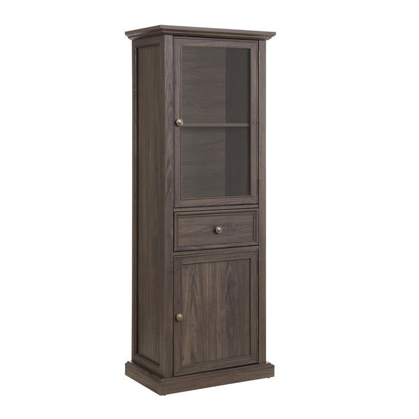 English Elm Modern Glass Storage Cabinet with Drawer & Shelves — Tall Curio Sideboard for Living, Dining, Office Elegance Brown W1758P294626