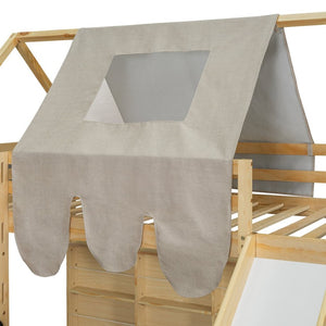 English Elm Twin House Loft Bed with Tent Canopy Slide and Shelves Pinewood Kids Frame Natural LT000682AAD