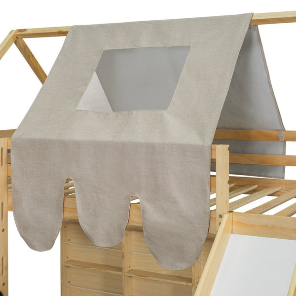 English Elm Twin House Loft Bed with Tent Canopy Slide and Shelves Pinewood Kids Frame Natural LT000682AAD