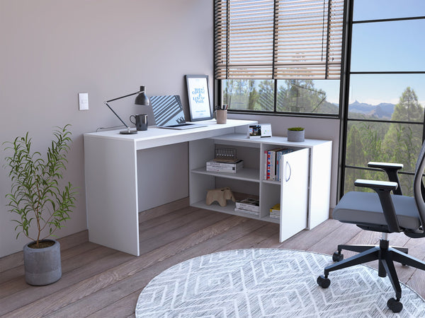 English Elm Dallas L-Shaped Home Office Desk with Spacious Work Surface, Two Open Shelves and Cabinet Storage Solution White 34 L x 24 W x 5 H B128S00164